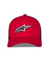 Alpinestars Reflect Ageless Trucker Hat, Red and Black, featuring a large reflective silver and black Astars logo, curved bill with structured crown and black mesh back panels, casual motorsport lifestyle headwear