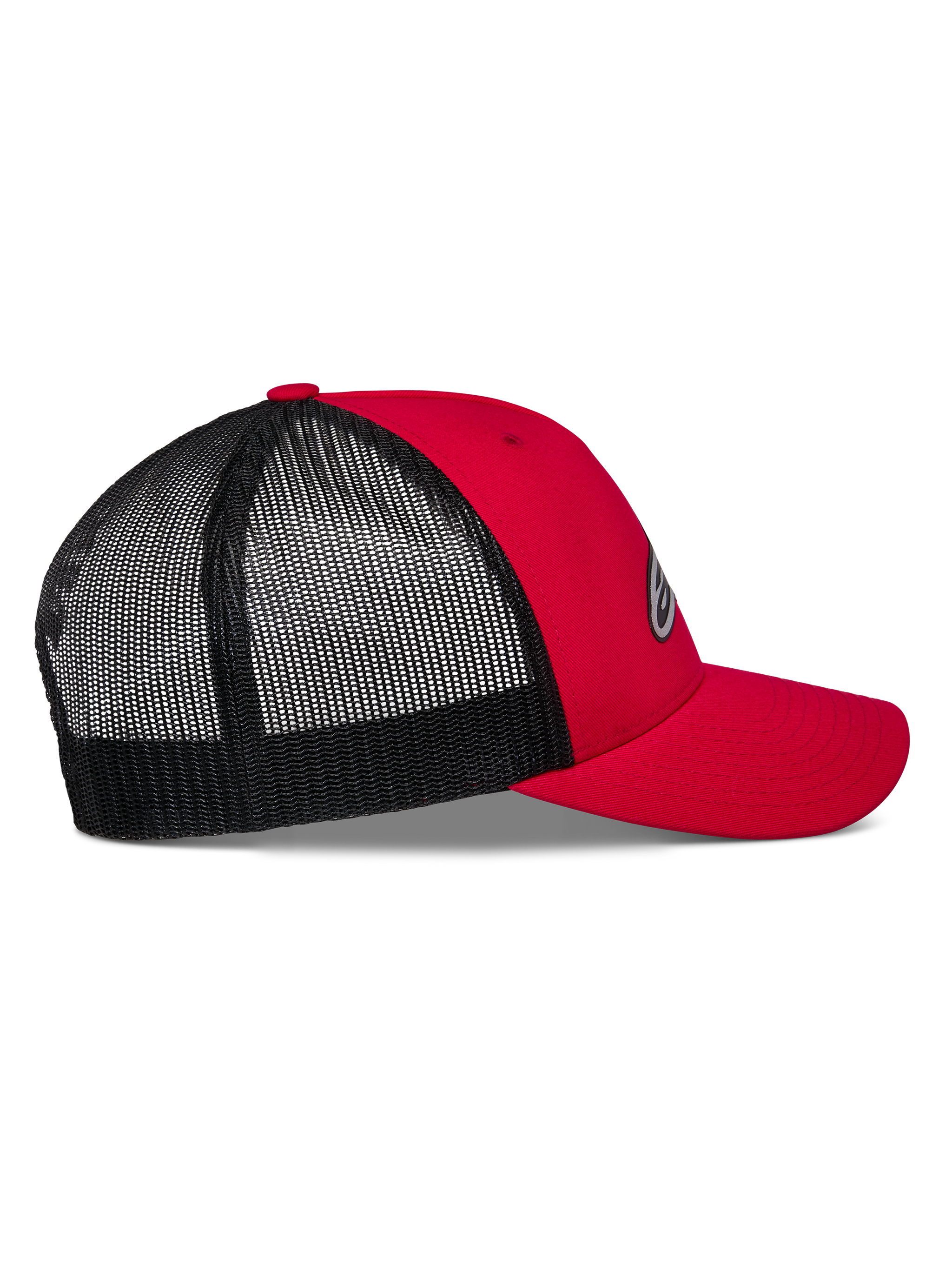 Alpinestars Reflect Ageless Trucker Hat, Red and Black, side profile view, red twill front and curved bill, black poly mesh back, structured crown, casual motorsport-inspired headwear