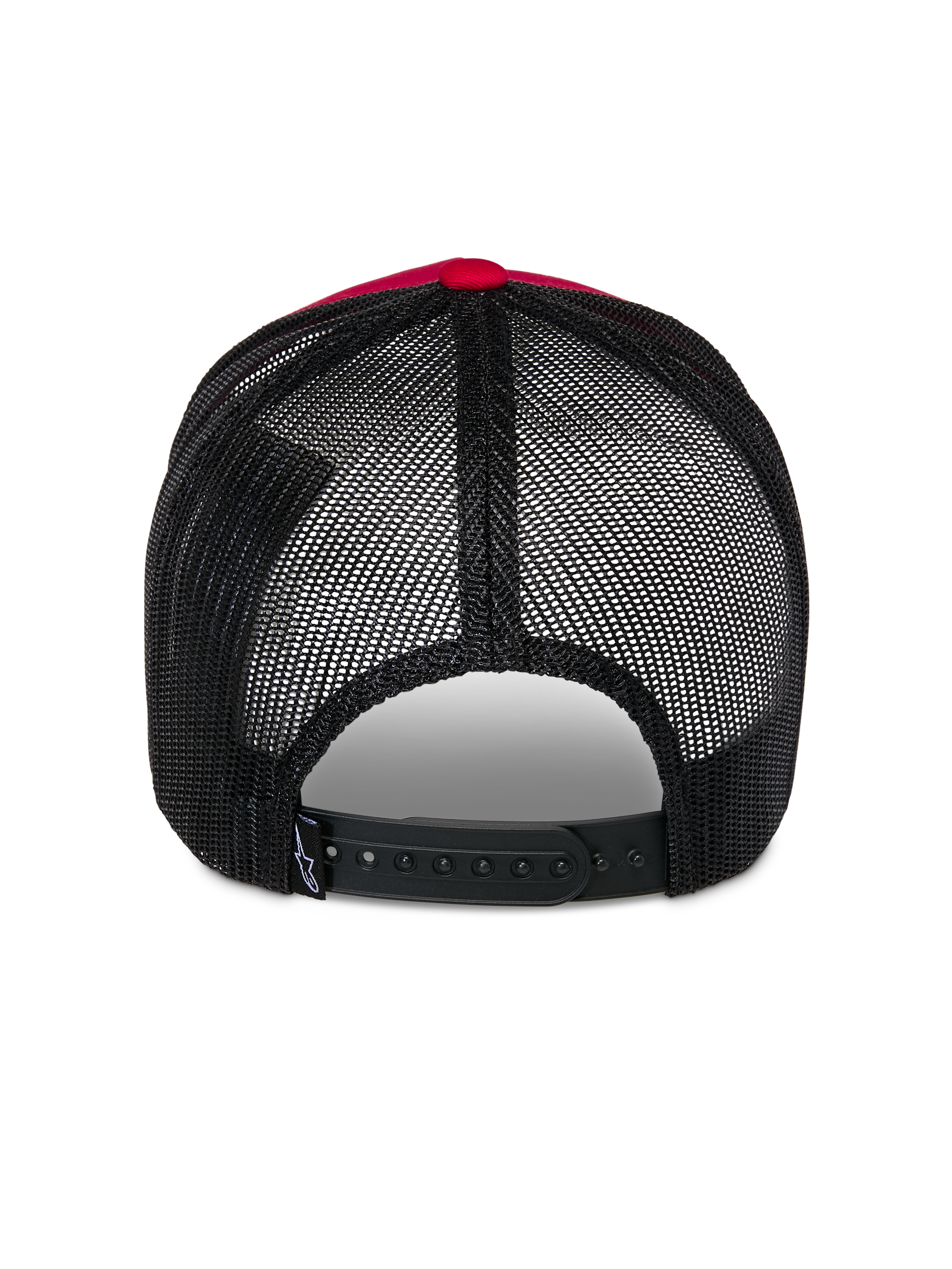 Alpinestars Reflect Ageless Trucker Hat, Back View, Red and Black, featuring black poly mesh panels and adjustable snap-back closure, casual motorsport-inspired headwear