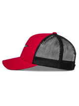 Alpinestars Reflect Ageless Trucker Hat, Red and Black, side profile showing curved bill, structured red crown, and black mesh back, casual motorsport-inspired headwear