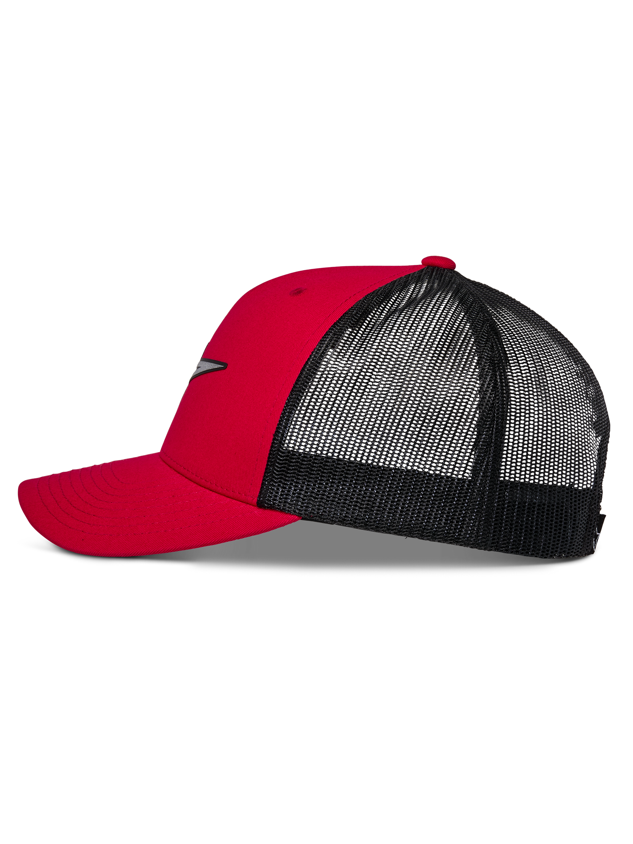 Alpinestars Reflect Ageless Trucker Hat, Red and Black, side profile showing curved bill, structured red crown, and black mesh back, casual motorsport-inspired headwear