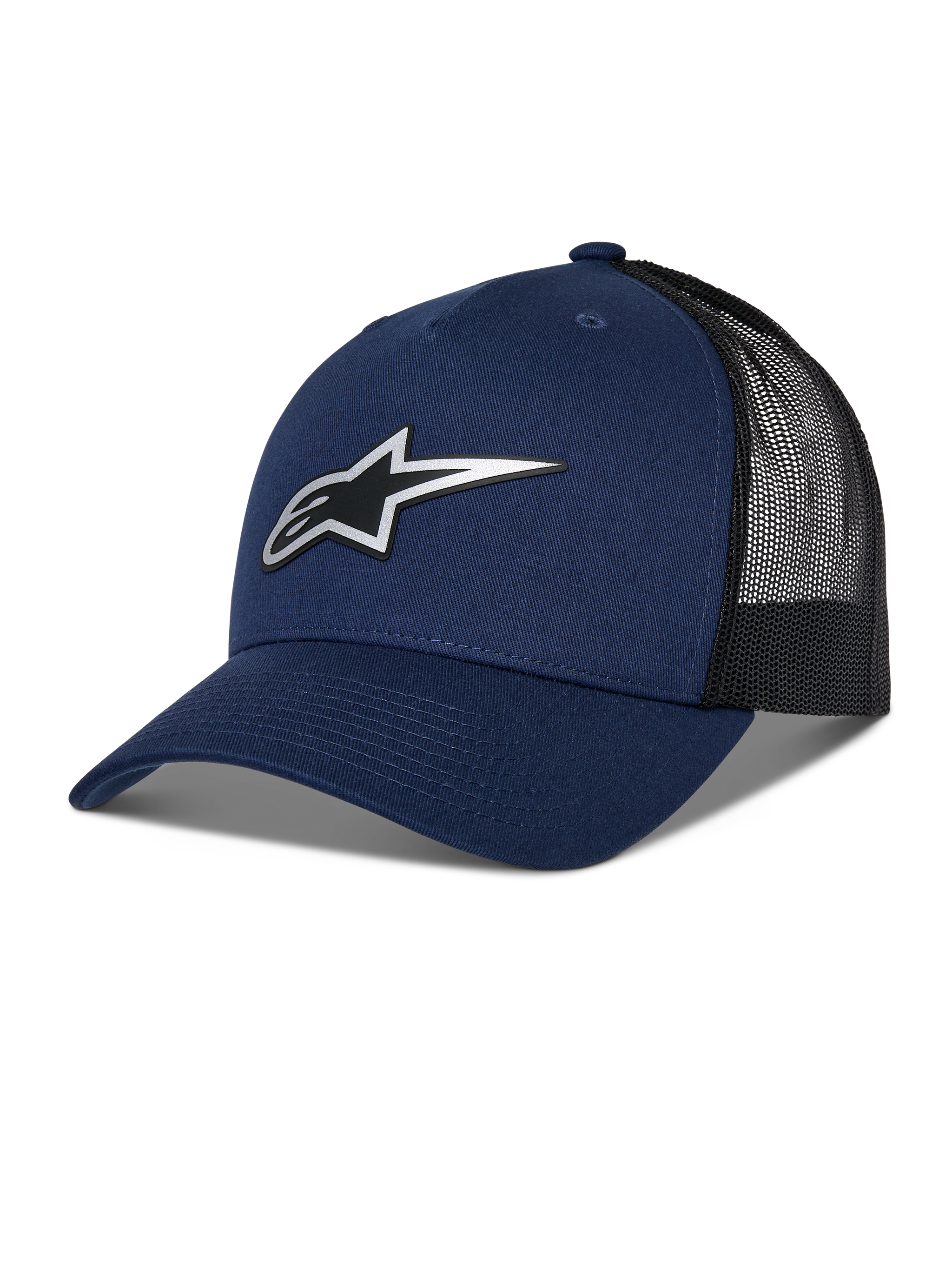 Alpinestars Reflect Ageless Trucker Hat, Navy Blue and Black Trucker Cap, Curved Brim, Reflective Silver Astars Logo, Mesh Back for Ventilation, Structured Crown, Casual Motorsport Style