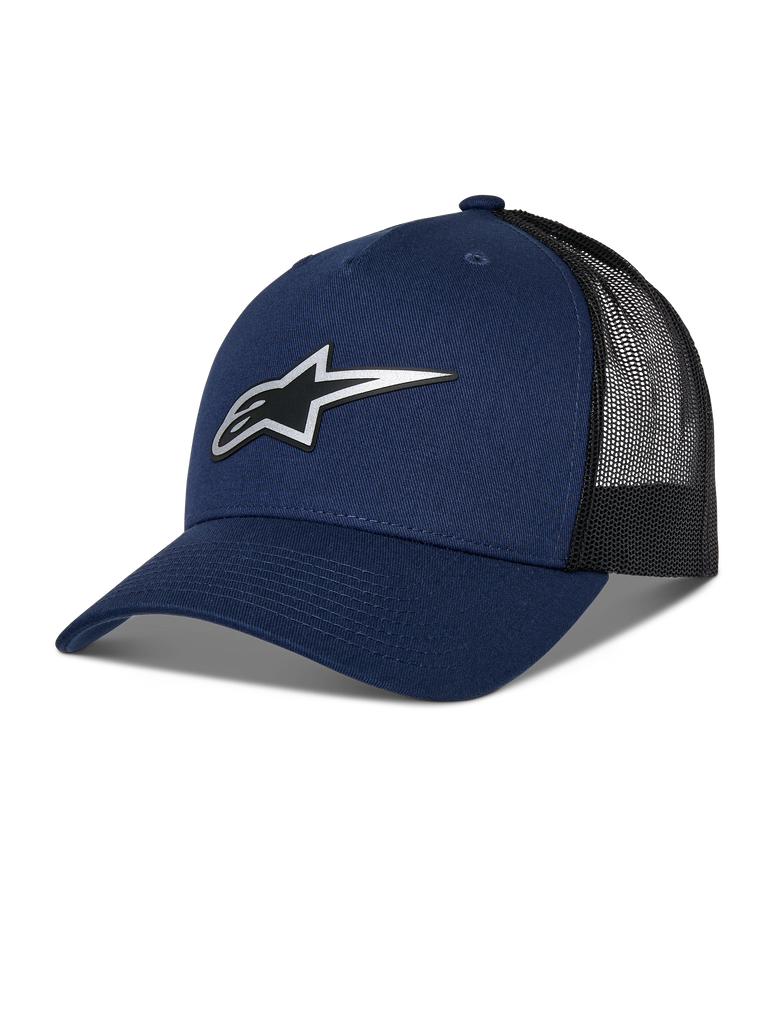 Alpinestars Reflect Ageless Trucker Hat, Navy Blue and Black Trucker Cap, Curved Brim, Reflective Silver Astars Logo, Mesh Back for Ventilation, Structured Crown, Casual Motorsport Style