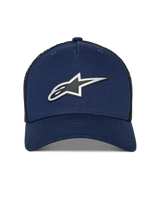 Alpinestars Reflect Ageless Trucker Hat, Navy Blue and Black mesh, front reflective HD Astars logo, curved bill, structured crown, casual motorsport headwear