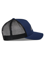 Alpinestars Reflect Ageless Trucker Hat, Navy and Black, side view with curved bill and breathable black mesh back, structured crown, casual motorsport headwear