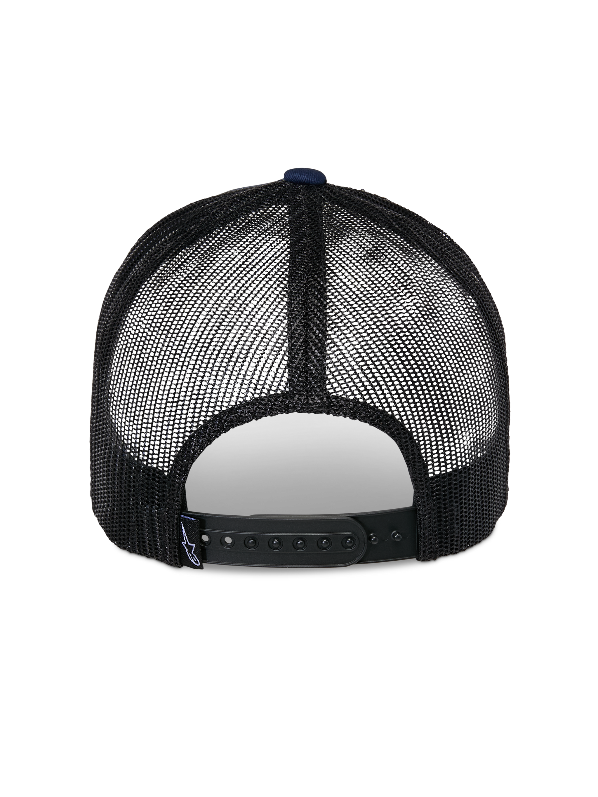 Alpinestars Reflect Ageless Trucker Hat, back view, Navy and Black, featuring breathable black mesh panels and an adjustable snapback closure, casual motorsport headwear