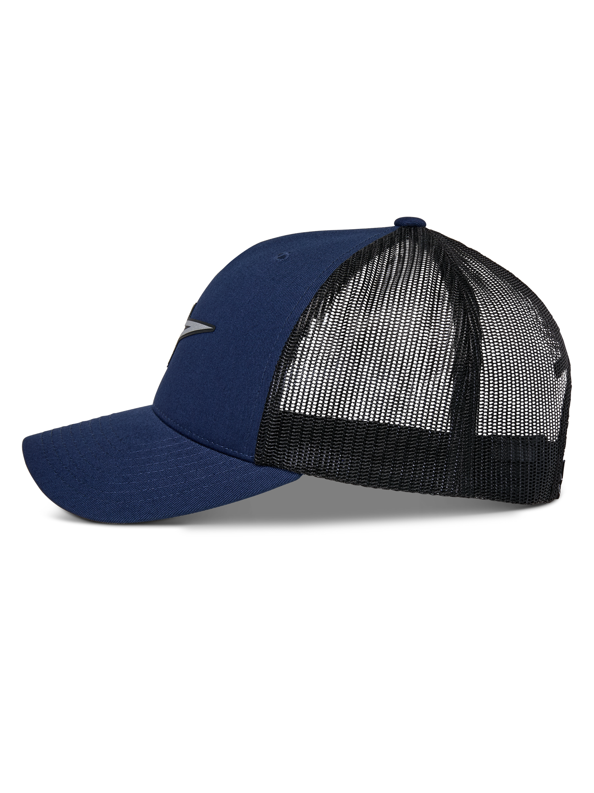 Alpinestars Reflect Ageless Trucker Hat, Navy Blue and Black, Side profile showing curved bill and mesh back, reflective Astars logo on front, casual motorsport headwear
