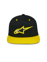 Alpinestars Thickness Snapback Hat, flat bill structured crown cap, Black with high-visibility yellow brim and eyelets, front 3D embroidered Astars logo, casual motorsport streetwear