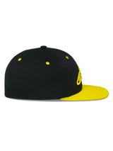 Alpinestars Thickness Snapback Hat, side profile view, Black crown with Hi-Vis Yellow flat bill and eyelets, 3D embroidered logo on front, casual motorsport-inspired headwear