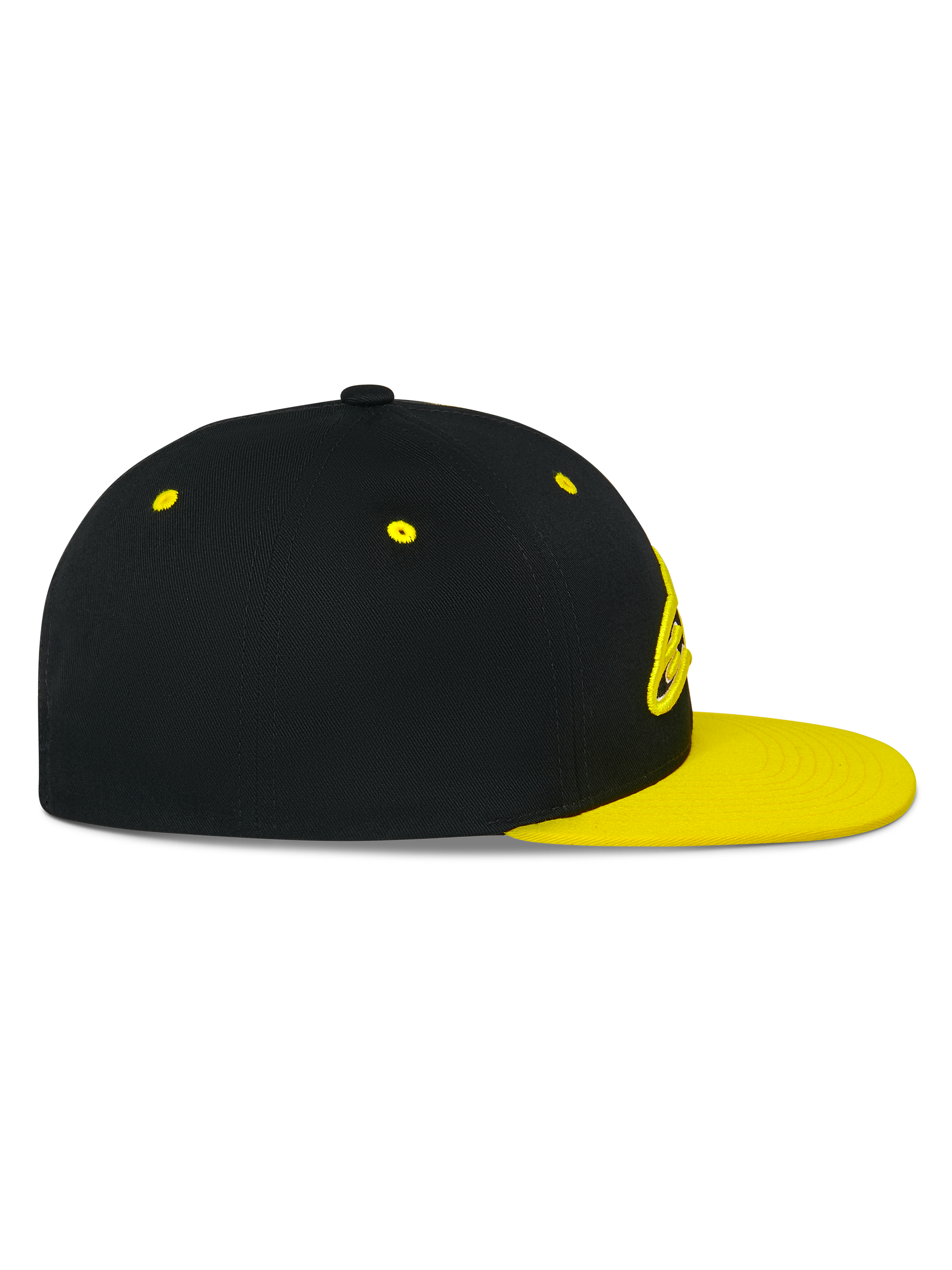 Alpinestars Thickness Snapback Hat, side profile view, Black crown with Hi-Vis Yellow flat bill and eyelets, 3D embroidered logo on front, casual motorsport-inspired headwear