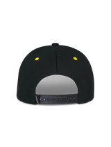 Alpinestars Thickness Snapback Hat, Black and Hi-Vis Yellow, back view featuring adjustable snapback closure, yellow embroidered eyelets, structured crown, casual motorsport headwear