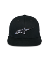 Alpinestars Thickness Snapback Hat, Black, front view featuring structured crown and flat bill, 3D embroidered Astars logo with white and light blue detailing, casual motorsport-inspired streetwear