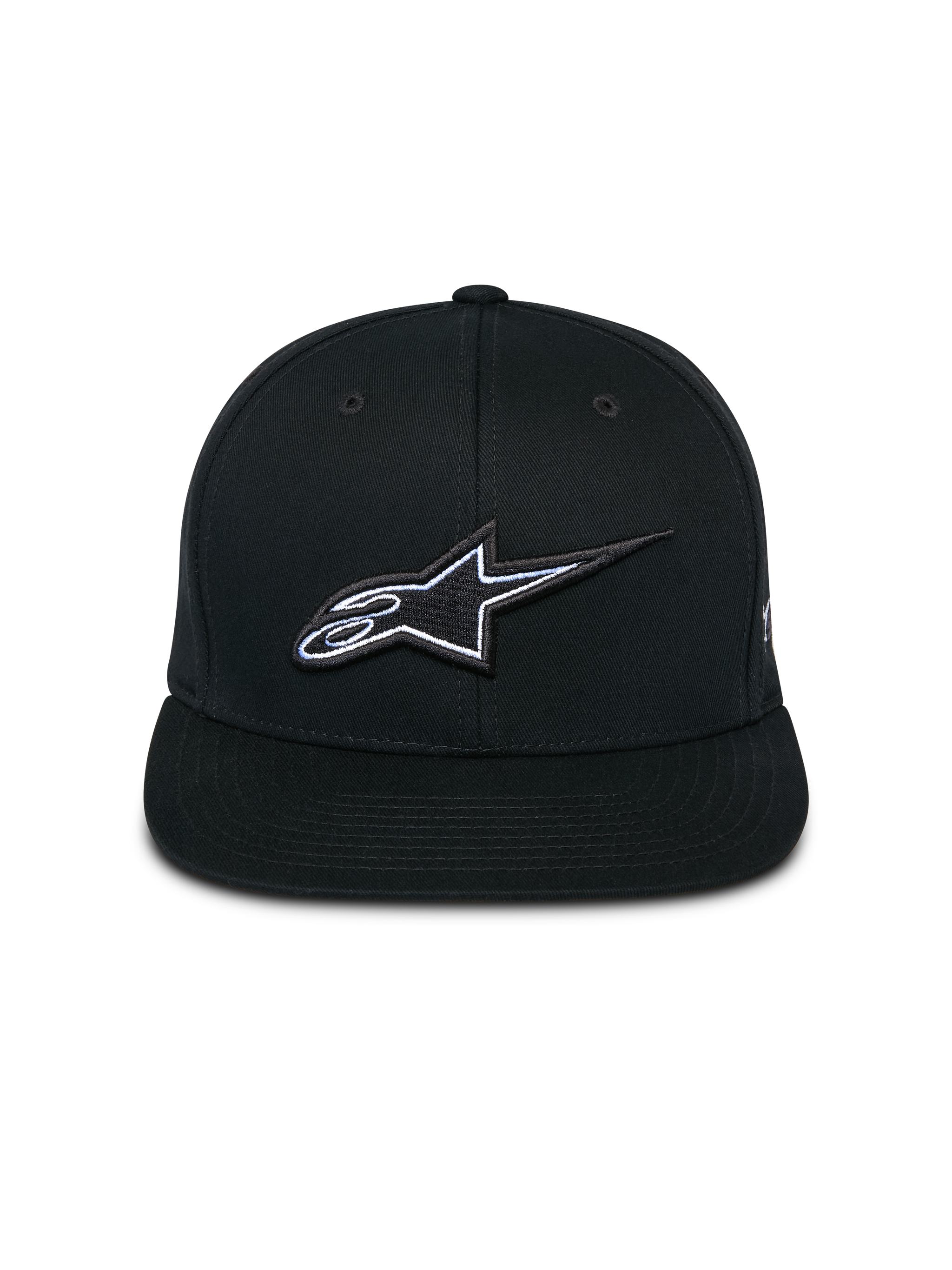 Alpinestars Thickness Snapback Hat, Black, front view featuring structured crown and flat bill, 3D embroidered Astars logo with white and light blue detailing, casual motorsport-inspired streetwear