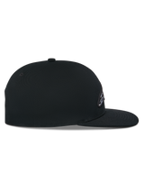 Alpinestars Thickness Snapback Hat, Black, side profile view, structured crown with flat bill, cotton twill main fabric, 3D embroidered logo detail, casual motorsport headwear
