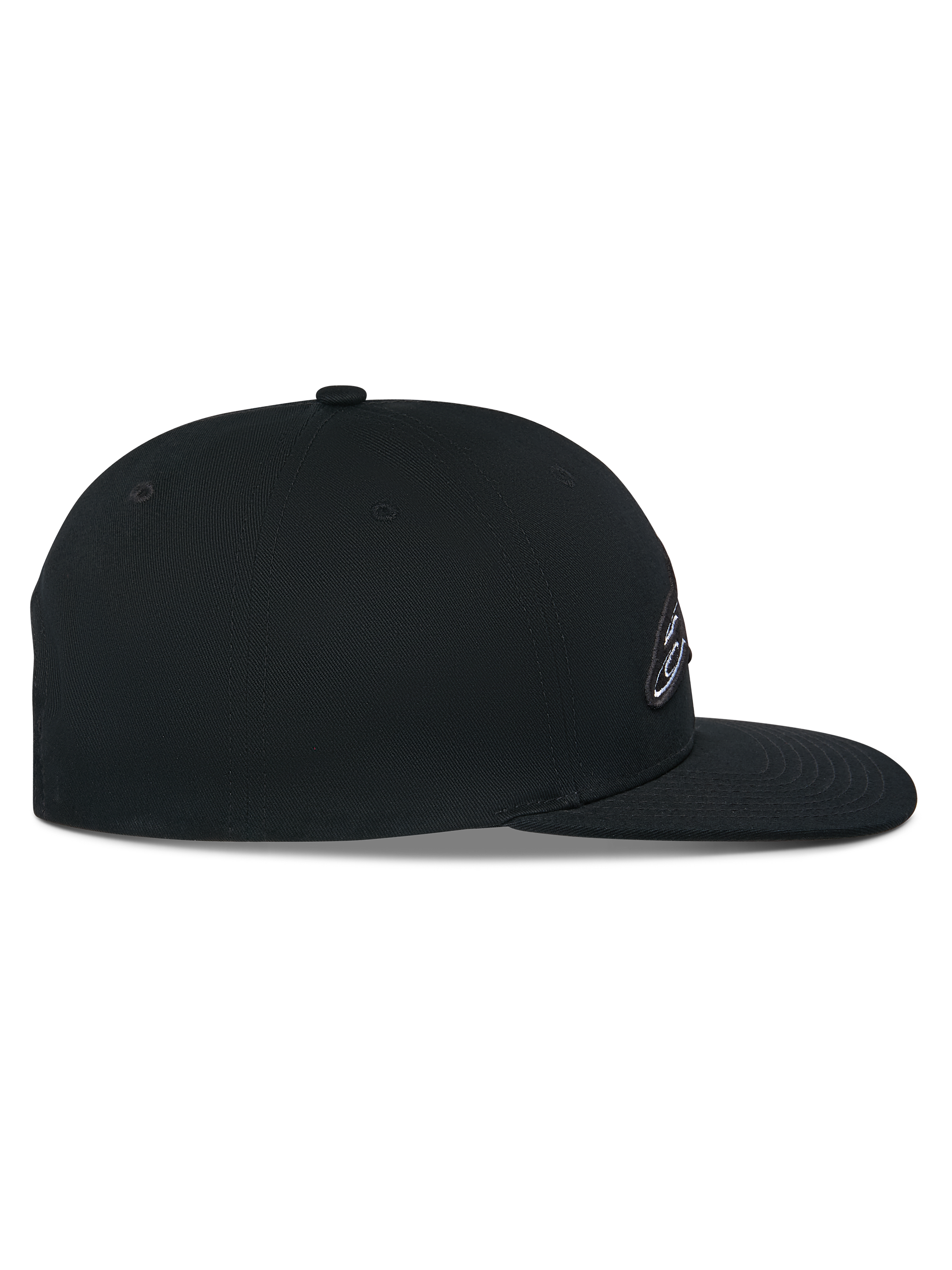 Alpinestars Thickness Snapback Hat, Black, side profile view, structured crown with flat bill, cotton twill main fabric, 3D embroidered logo detail, casual motorsport headwear