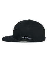 Alpinestars Thickness Snapback Hat, Black, side profile view showing a structured crown and flat bill, white Astars side logo embroidery, casual motorsport-inspired headwear
