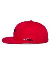 Alpinestars Thickness Snapback Hat, Red, side view, flat bill and structured crown, white and black Astars side embroidery, casual motorsport-inspired headwear