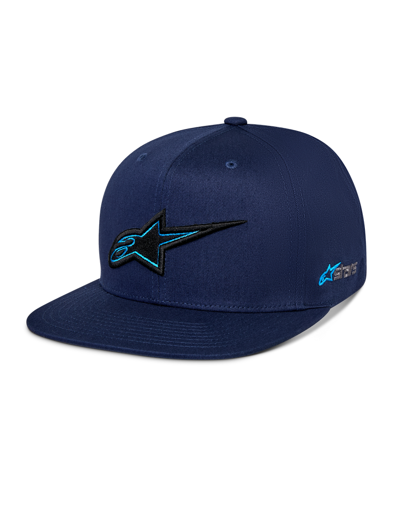 Alpinestars Thickness Snapback Hat, Navy Blue, structured crown with a flat bill, 3D black embroidered Astars logo with light blue outline, side logo embroidery, casual motorsport-inspired streetwear.