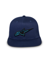 Alpinestars Thickness Snapback Hat, Navy Blue Cap, Front View, 3D Embroidered Black and Blue Astars Logo, Flat Bill, Casual Motorsport Streetwear