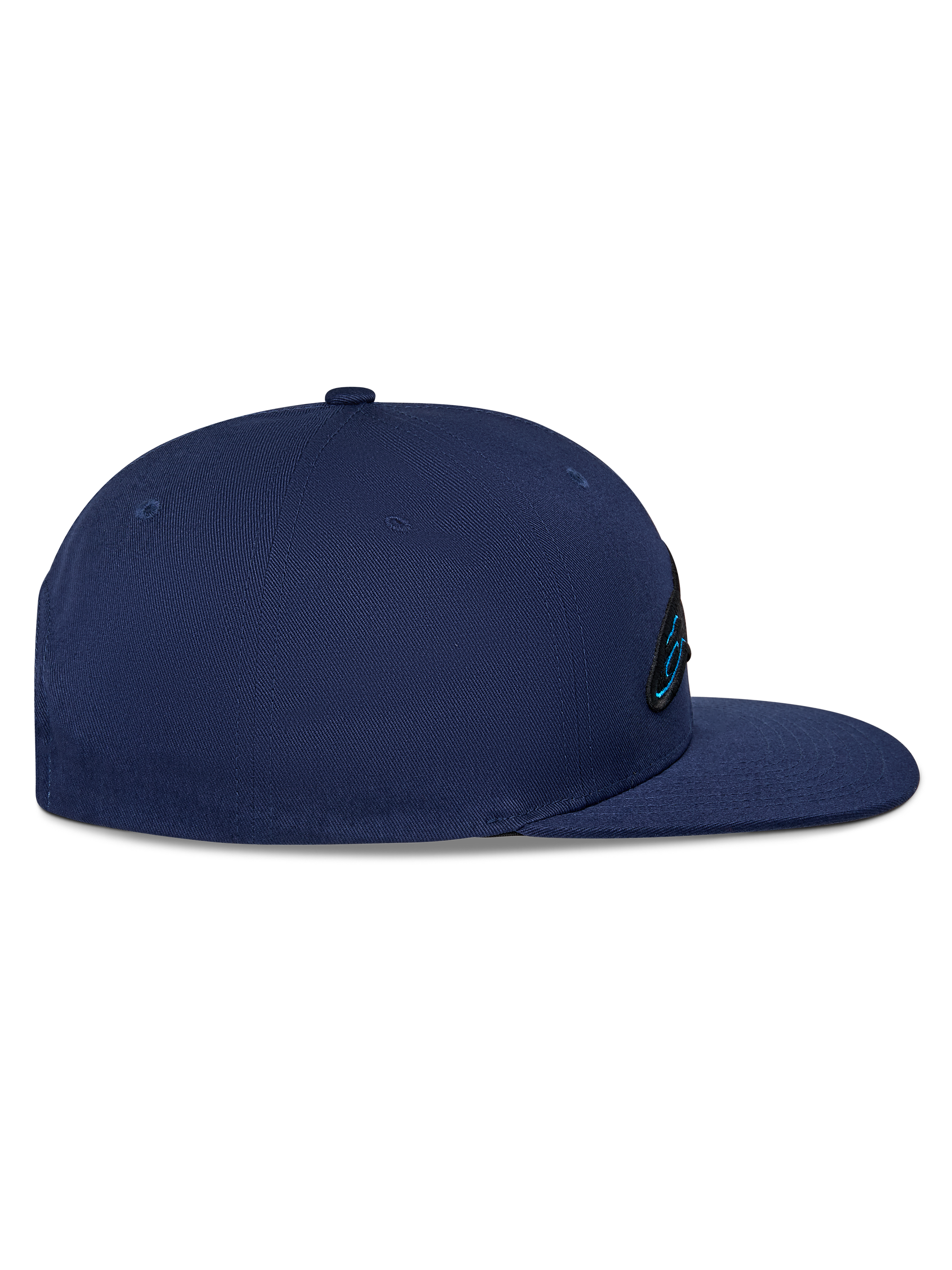 Alpinestars Thickness Snapback Hat, Navy Blue cap, side profile view, structured crown with flat bill, cotton twill fabric, embroidered logo detail on the front, casual motorsport headwear