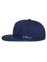 Alpinestars Thickness Snapback Hat, Navy Blue, side profile view, flat bill with structured crown, embroidered Astars side logo in light blue and grey, casual motorsport streetwear