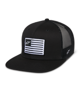 Alpinestars Flag Flat Trucker Hat, Black, flat bill with structured crown, breathable black mesh back, rectangular front patch with horizontal stripes and star logo, side embroidery, casual motorsport-inspired design