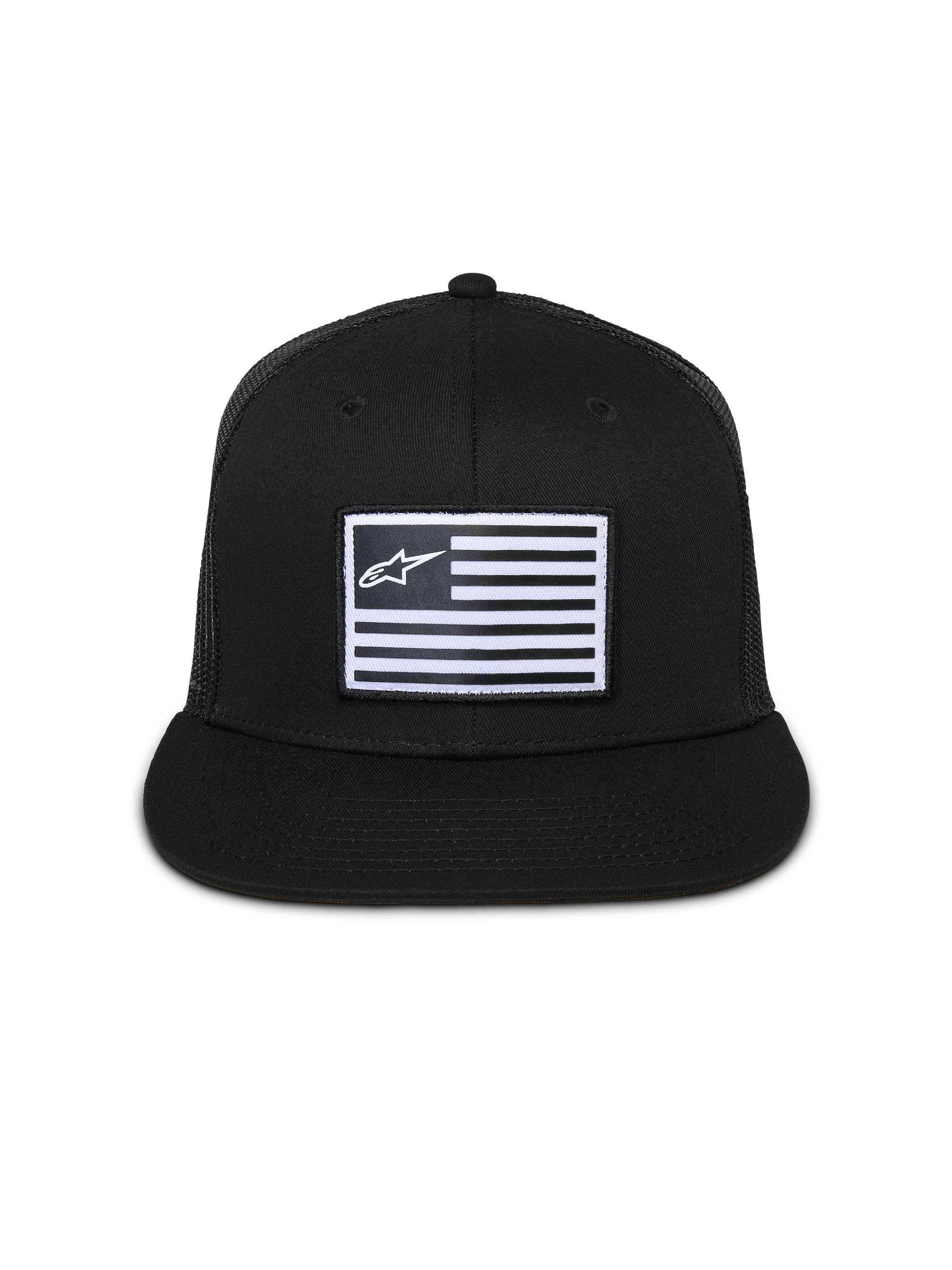 Alpinestars Flag Flat Trucker Hat, Black, flat-brim cap with structured crown, central rectangular patch with white flag and Alpinestars logo, mesh back, casual motorsport-inspired streetwear