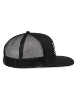 Alpinestars Flag Flat Trucker Hat, Black, side view featuring a flat bill, structured crown, and black polyester mesh back, casual motorsport-inspired headwear