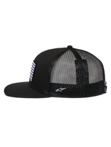 Alpinestars Flag Flat Trucker Hat, side profile, Black, flat bill and structured crown, breathable polyester mesh back, front flag patch and white side logo embroidery, casual motorsport-inspired headwear