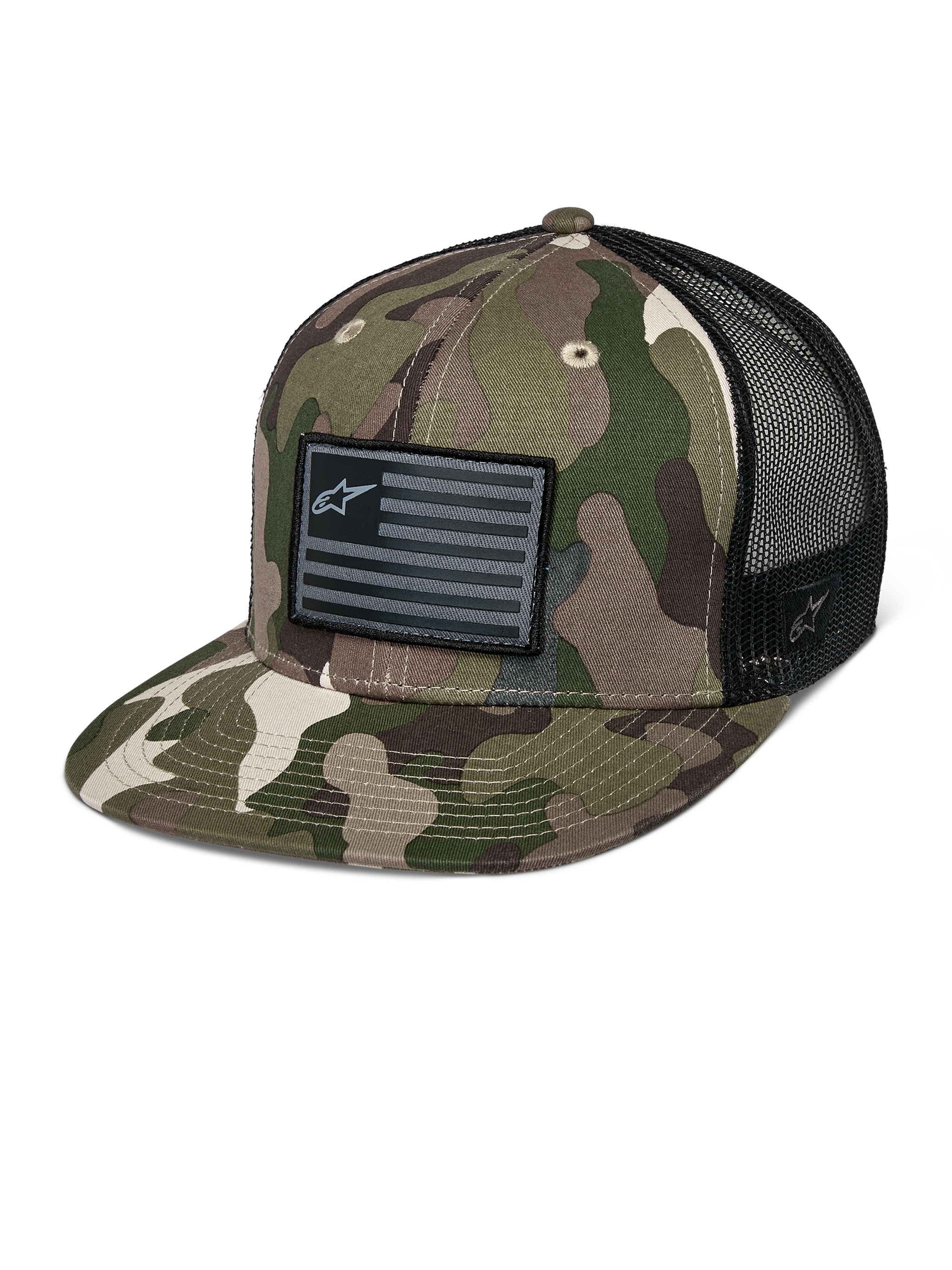 Alpinestars Flag Flat Trucker Hat, green camouflage and black, flat bill trucker cap with breathable mesh back, structured crown featuring a black flag-style logo patch, casual motorsport headwear.