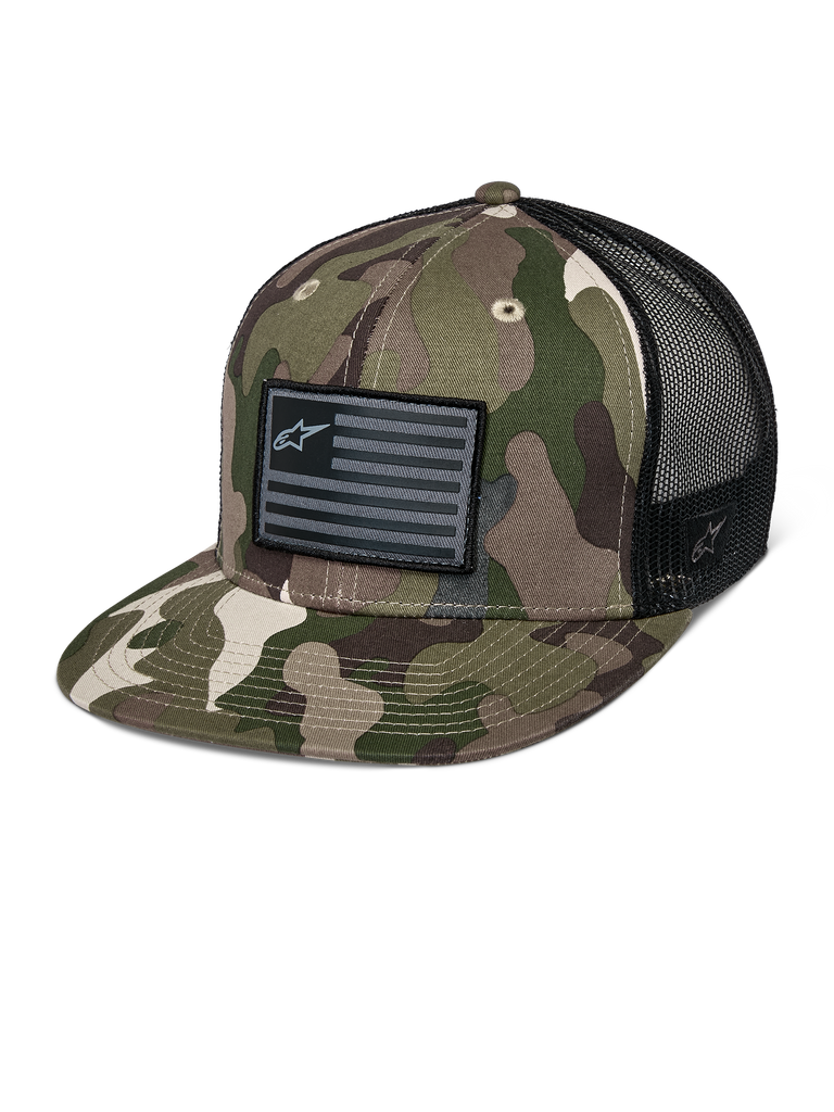 Alpinestars Flag Flat Trucker Hat, green camouflage and black, flat bill trucker cap with breathable mesh back, structured crown featuring a black flag-style logo patch, casual motorsport headwear.