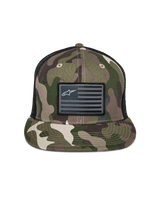 Alpinestars Flag Flat Trucker Hat, Green Camo and Black, flat bill with structured crown, black flag patch with Alpinestars logo, mesh back, casual motorsport-inspired headwear
