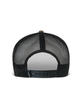 Alpinestars Flag Flat Trucker Hat, Green Camo and Black, back view featuring breathable black mesh panels and an adjustable snapback closure with a small logo label, casual motorsport-inspired headwear