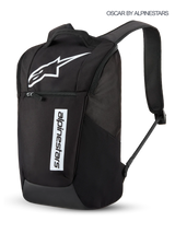 Alpinestars Defcon V3 Backpack, 13.6L Sportswear Daily Backpack in Black and White, featuring printed Astars logo and branding, front zippered pocket, and padded shoulder straps.