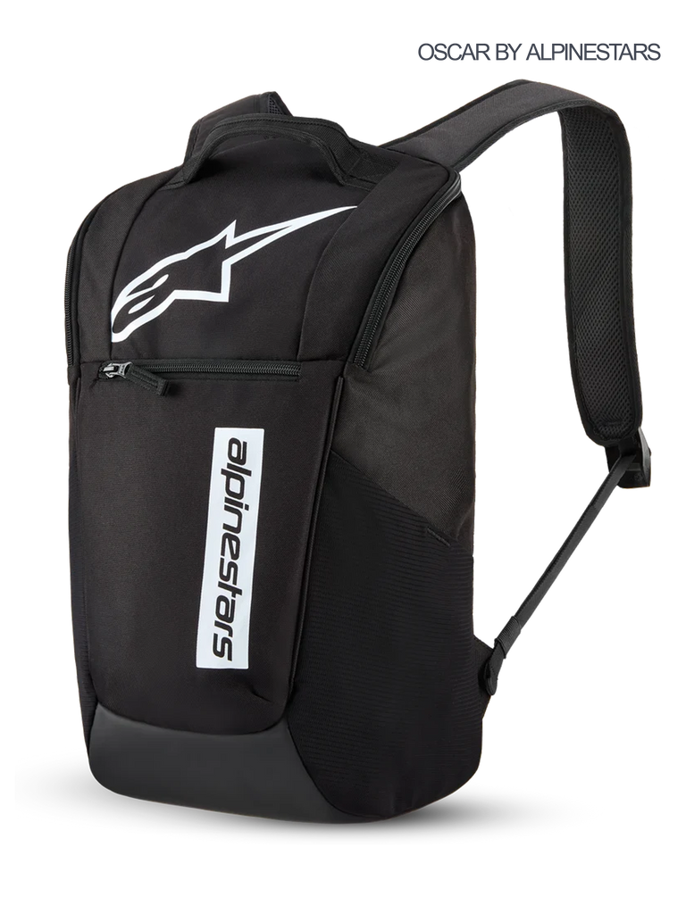 Alpinestars Defcon V3 Backpack, 13.6L Sportswear Daily Backpack in Black and White, featuring printed Astars logo and branding, front zippered pocket, and padded shoulder straps.