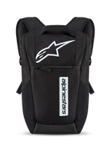 Alpinestars Defcon V3 Backpack, Black and White, small daily backpack featuring white star logo and vertical wordmark branding, front zipper pocket, padded shoulder straps, durable 600D polyester material