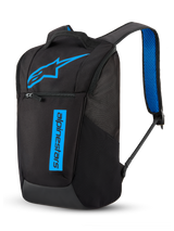 Alpinestars Defcon V3 Backpack, Sportswear and Commuter Daypack, Black and Blue, 13.6L capacity, durable 600D polyester construction, featuring printed branding and blue air mesh padded shoulder straps.