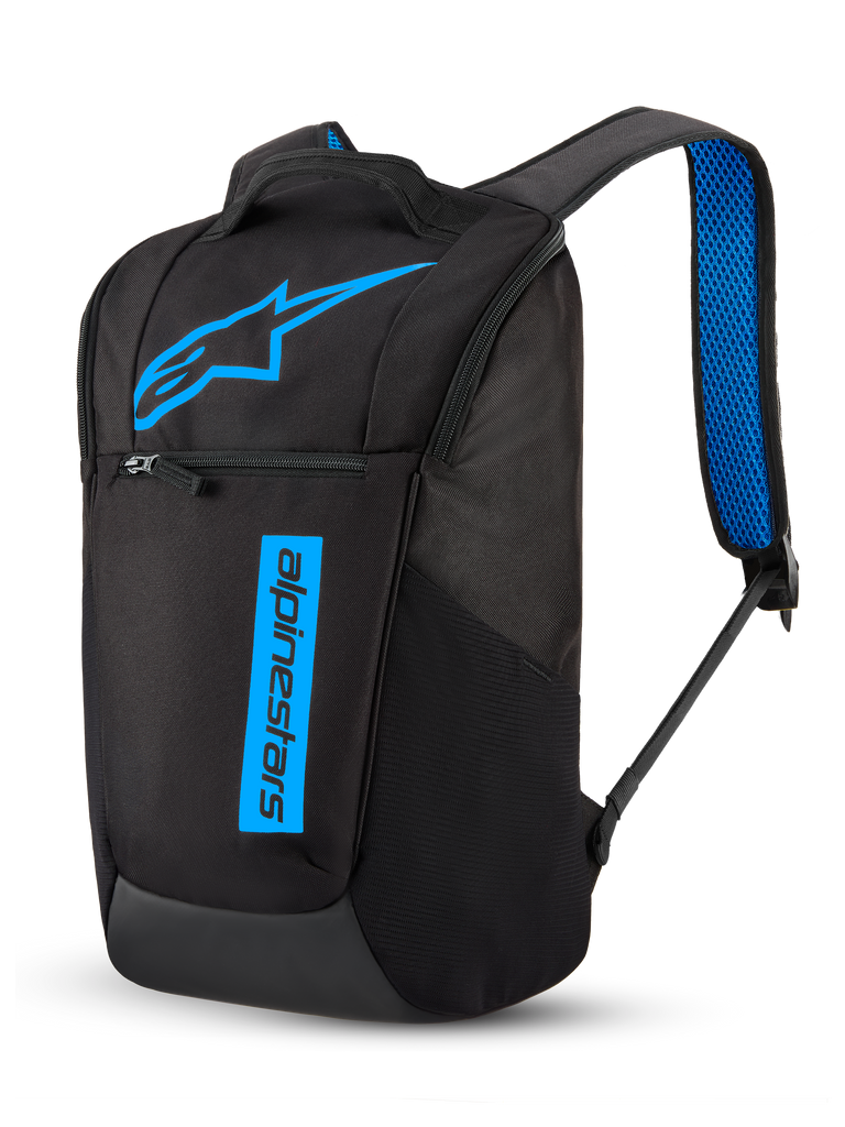 Alpinestars Defcon V3 Backpack, Sportswear and Commuter Daypack, Black and Blue, 13.6L capacity, durable 600D polyester construction, featuring printed branding and blue air mesh padded shoulder straps.