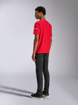 Alpinestars Frontal CSF Tee, Short Sleeve T-Shirt, Red, back view on model, featuring white logo on the sleeve, paired with black pants, performance casual streetwear
