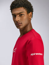 Alpinestars Frontal CSF Tee, Red Short Sleeve T-Shirt, featuring white logos on the chest and sleeve, worn by a model, casual performance motorsport streetwear