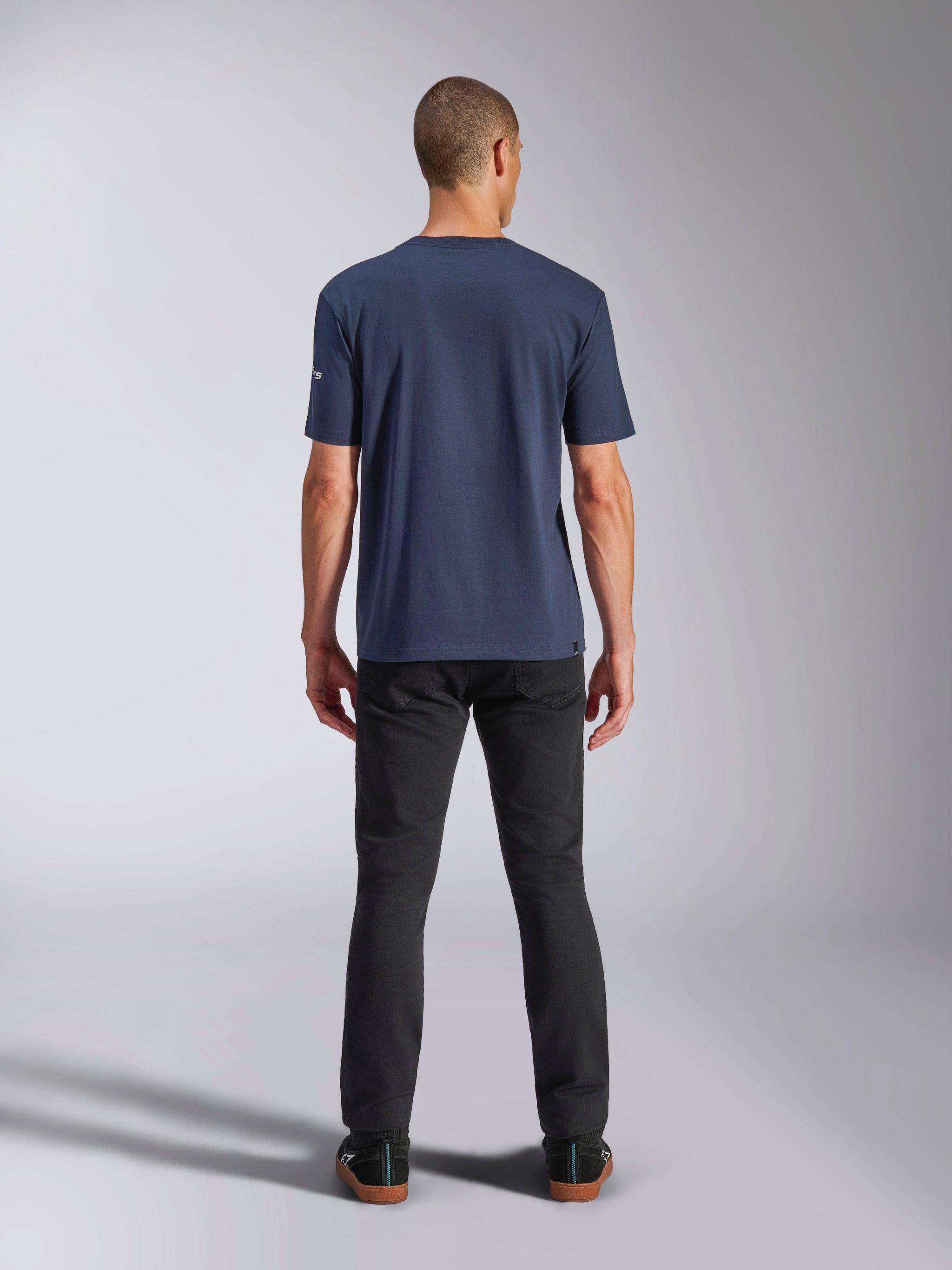 Alpinestars Frontal CSF Tee, Short Sleeve T-Shirt, Navy Blue, back view on model wearing black pants, casual motorsport streetwear