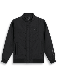 Alpinestars Precedent Jacket, Quilted F1-inspired Sportswear Jacket, Black, featuring an angled quilt pattern, low track collar, rib cuffs and hem, with a small chest logo patch and sleeve embroidery, casual motorsport-inspired design