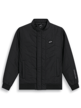 Alpinestars Precedent Jacket, Quilted F1-inspired Sportswear Jacket, Black, featuring an angled quilt pattern, low track collar, rib cuffs and hem, with a small chest logo patch and sleeve embroidery, casual motorsport-inspired design