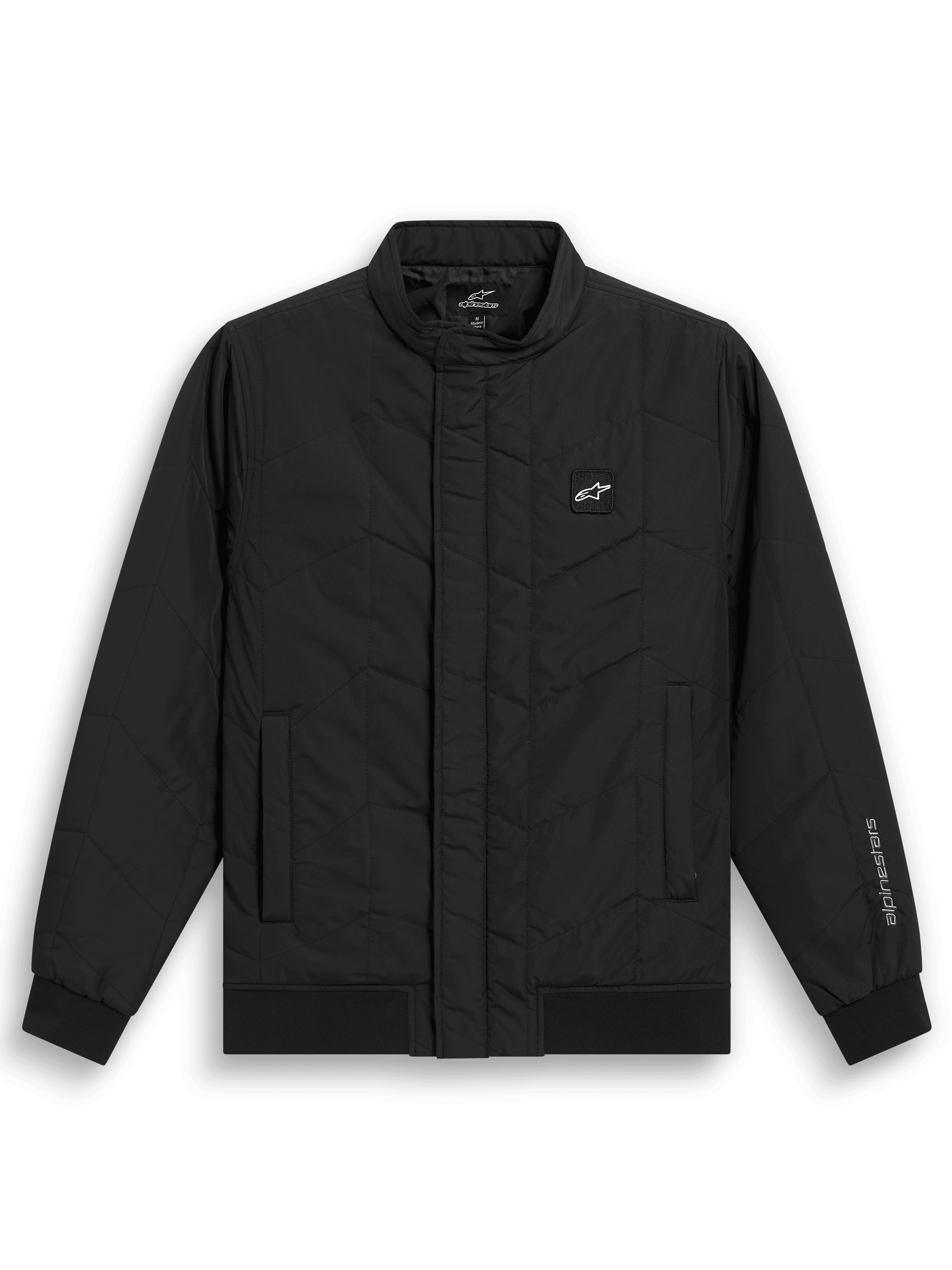 Alpinestars Precedent Jacket, Quilted F1-inspired Sportswear Jacket, Black, featuring an angled quilt pattern, low track collar, rib cuffs and hem, with a small chest logo patch and sleeve embroidery, casual motorsport-inspired design