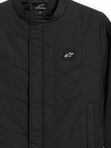 Alpinestars Precedent Jacket, Quilted Sportswear Jacket, Black, close-up view featuring an iconic angled quilt pattern, low track collar, covered front zipper, and small chest logo patch