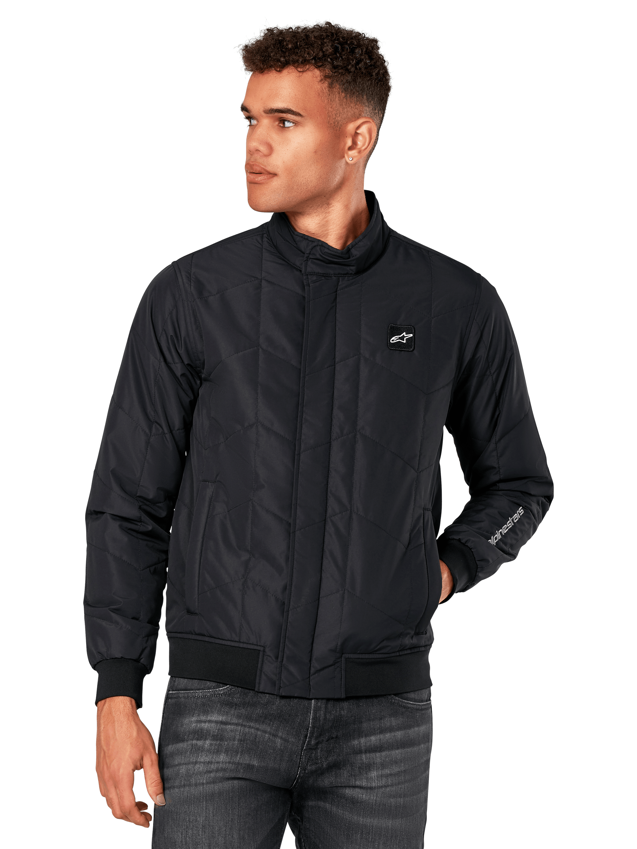 Alpinestars Precedent Jacket, Black Quilted Jacket with angled pattern, Formula 1 styling, low track collar, ribbed cuffs and hem, chest logo patch, sleeve embroidery, motorsport-inspired lifestyle streetwear