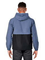 Alpinestars Speeder Windbreaker Jacket, back view of man wearing two-tone slate blue and black jacket, blocked body design, hooded, lightweight casual sportswear with elastic cuffs
