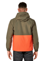 Alpinestars Speeder Windbreaker Jacket, lightweight hooded windbreaker, Military Green and Orange color-blocked design, back view showing hood and elastic cuffs, casual sportswear style