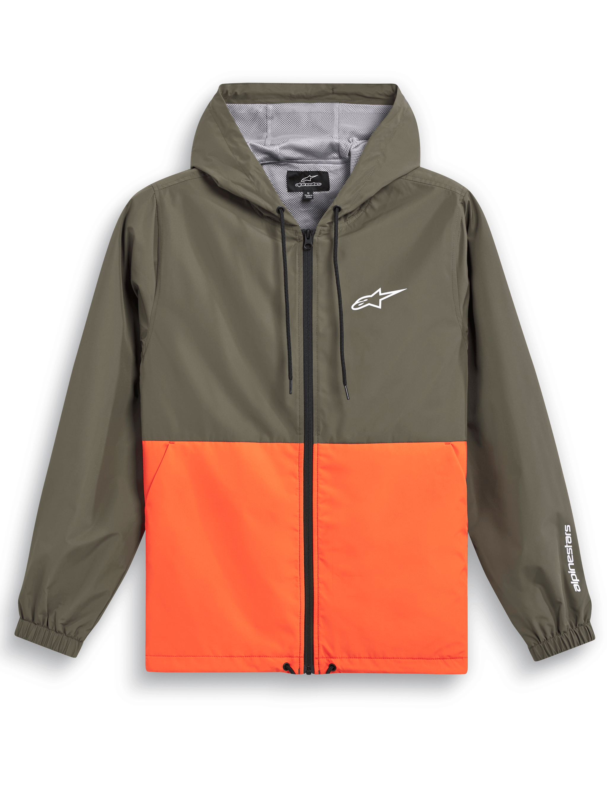 Alpinestars Speeder Windbreaker Jacket, casual sportswear, olive green and vibrant orange color block design, white Astars logo on chest and sleeve, hooded with mesh lining, adjustable drawcords, elastic cuffs