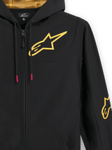 Alpinestars Sessions V3 Hoodie, black zip-up fleece, close-up showing large gold chest logo, gold mesh-lined hood, tech drawcords with red accents, casual motorsport-inspired streetwear